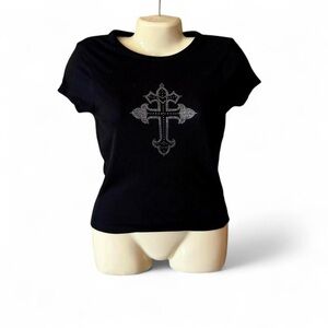 Orange Kiss Y2K Black Tee with Rhinestone Cross